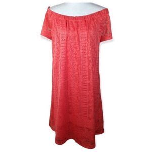 AUW CORAL LACE OFF-THE-SHOULDER DRESS SZ.14 EUC.